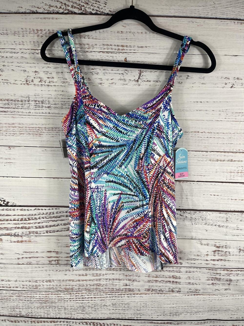 Swim Solutions Tankini Top Women's Size 8 Multi Hi Low Bust Support Swimwear